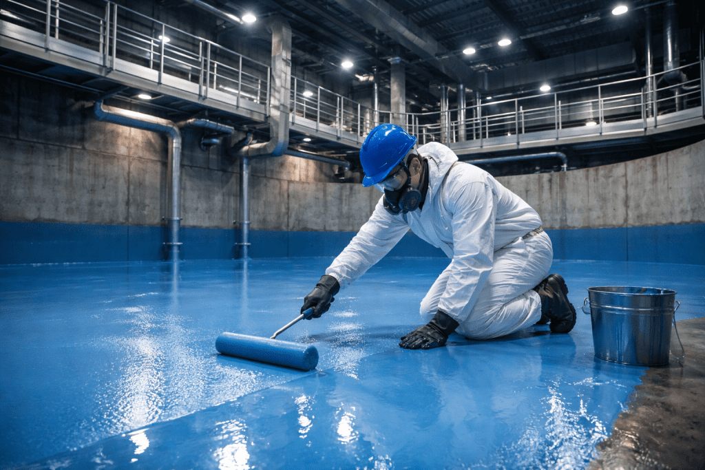 Proses aplikasi FRP Lining pada dinding bak beton Water Treatment Plant untuk ketahanan kimia.