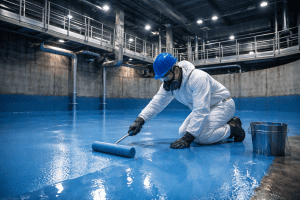 Proses aplikasi FRP Lining pada dinding bak beton Water Treatment Plant untuk ketahanan kimia.