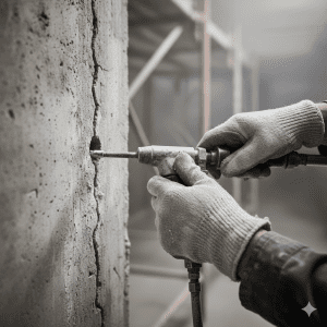 Close up tangan pekerja konstruksi sedang memasang alat packer injeksi pada retakan dinding beton untuk perbaikan struktur.