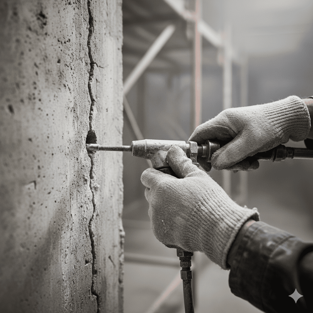 Close up tangan pekerja konstruksi sedang memasang alat packer injeksi pada retakan dinding beton untuk perbaikan struktur.