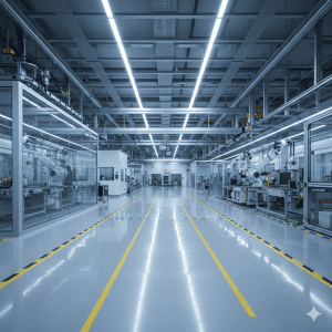 Foto sudut lebar interior pabrik teknologi tinggi yang modern dan steril. Lantai epoksi abu-abu muda yang sangat mengkilap memantulkan garis lampu LED di langit-langit dengan sempurna seperti cermin. Terdapat garis pengaman kuning cerah yang menandai jalur jalan di tengah ruangan, diapit oleh dinding kaca laboratorium di kedua sisi dalam pencahayaan sinematik yang bersih.