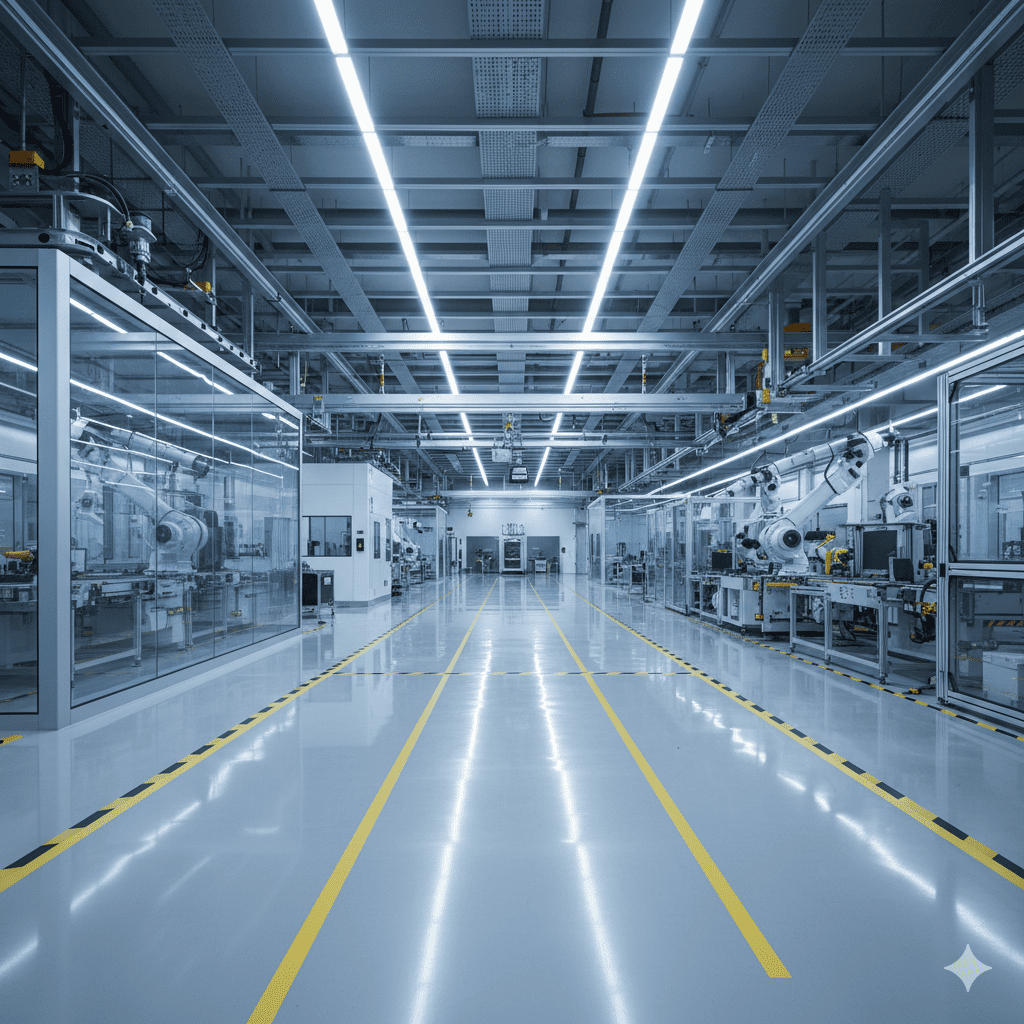 Foto sudut lebar interior pabrik teknologi tinggi yang modern dan steril. Lantai epoksi abu-abu muda yang sangat mengkilap memantulkan garis lampu LED di langit-langit dengan sempurna seperti cermin. Terdapat garis pengaman kuning cerah yang menandai jalur jalan di tengah ruangan, diapit oleh dinding kaca laboratorium di kedua sisi dalam pencahayaan sinematik yang bersih.