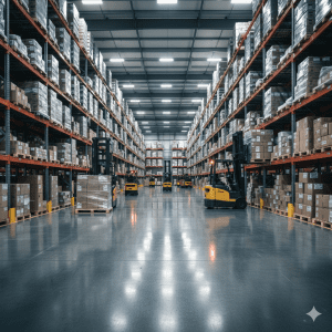 Interior gudang logistik modern dengan lantai beton floor hardener yang mengkilap dan tahan lalu lintas forklift.