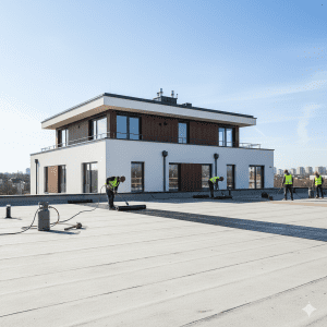 Proses pembakaran (torching) lapisan membran aspal pada dak beton.