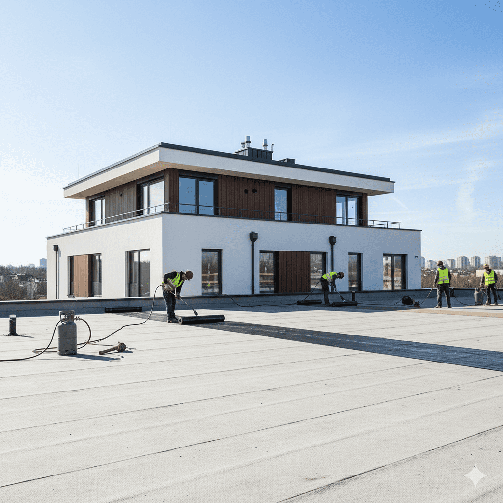 Proses pembakaran (torching) lapisan membran aspal pada dak beton.