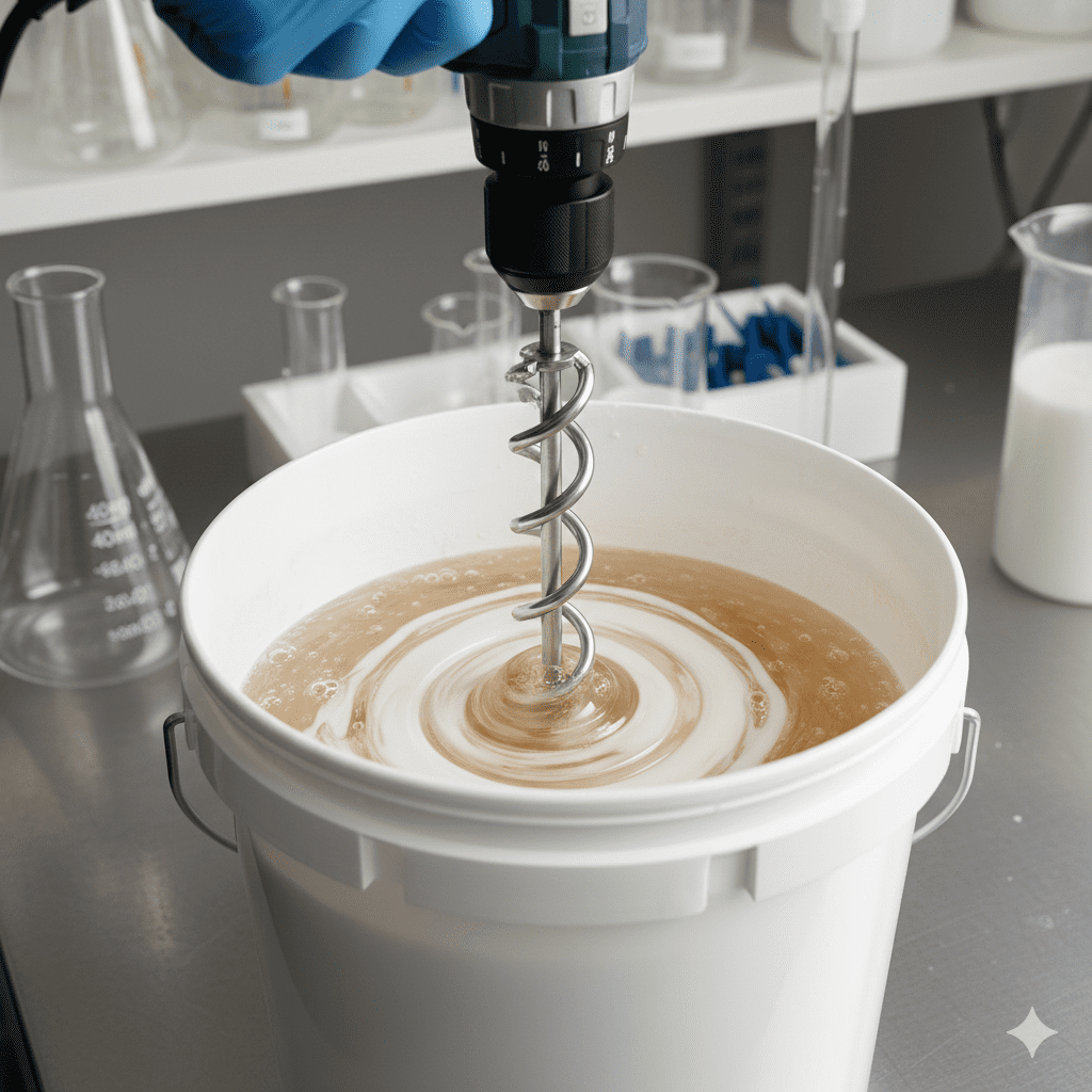 Detail proses pencampuran dua komponen epoxy resin dan hardener menggunakan mesin pengaduk elektrik.