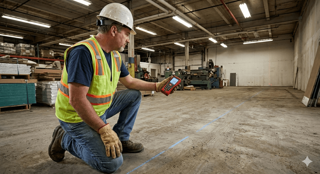 Ilustrasi cara menghitung kebutuhan material epoxy lantai per meter persegi.