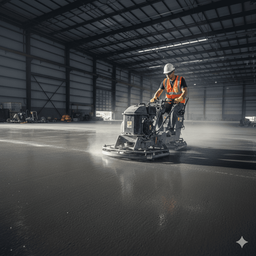 Pekerja konstruksi sedang melakukan finishing lantai beton menggunakan mesin trowel untuk aplikasi floor hardener.
