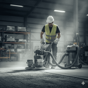 Pekerja melakukan grinding lantai beton untuk memastikan permukaan bersih sebelum aplikasi epoxy.