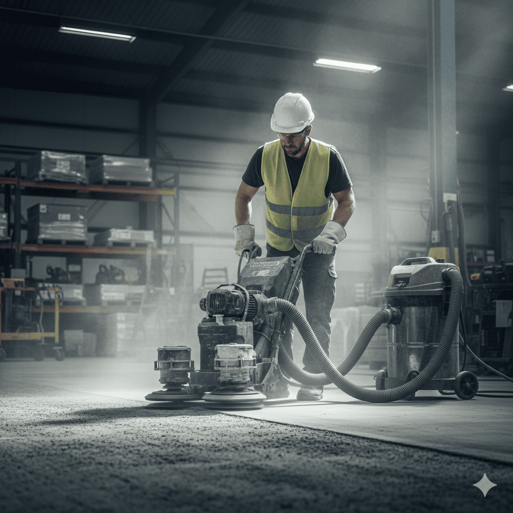Pekerja melakukan grinding lantai beton untuk memastikan permukaan bersih sebelum aplikasi epoxy.