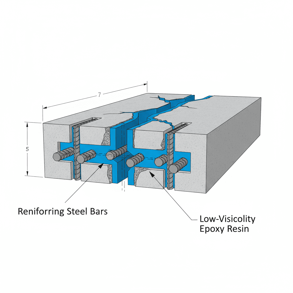 Ilustrasi 3D penampang beton yang menunjukkan cairan epoxy resin mengisi celah retakan hingga ke bagian besi tulangan.