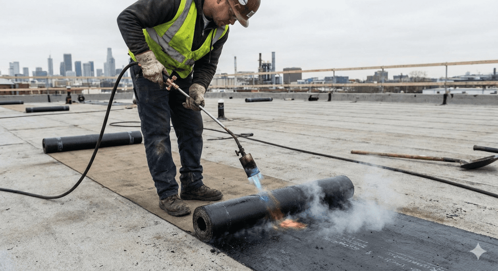Proses pembakaran (torching) lapisan membran aspal pada dak beton.