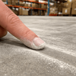 Debu semen halus (dusting) yang menempel pada jari saat mengusap permukaan lantai beton gudang yang rapuh.