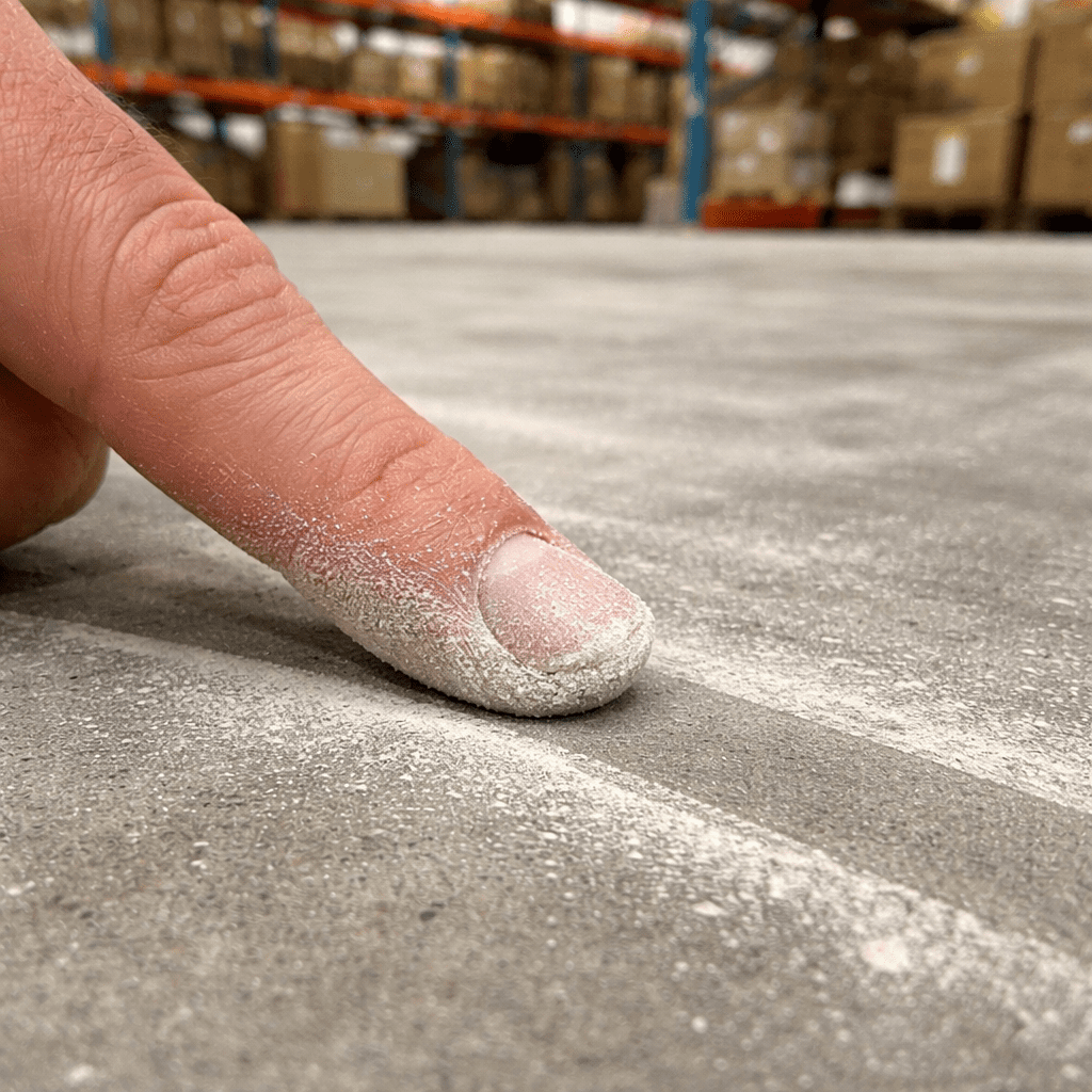 Debu semen halus (dusting) yang menempel pada jari saat mengusap permukaan lantai beton gudang yang rapuh.