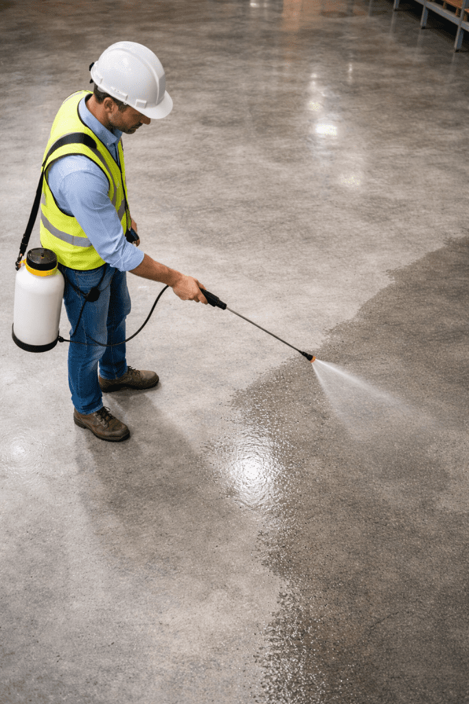 Pekerja menyemprotkan cairan pengeras beton (chemical densifier) untuk menutup pori-pori lantai dan menghentikan debu.