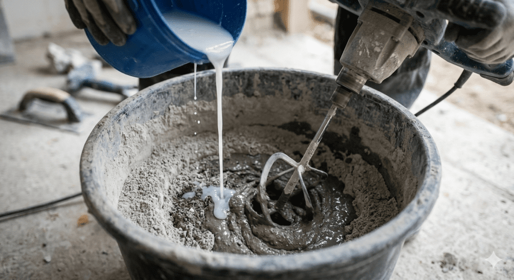 Pemasangan serat fiber (mesh) pada sudut kolam renang di antara lapisan waterproofing semen untuk kekuatan tambahan.