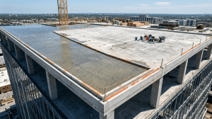 Sebuah foto fotorealistik dari sudut tinggi yang melihat ke bawah ke pelat atap beton datar yang besar di lokasi konstruksi bangunan modern di siang hari yang cerah. Atap tersebut sebagian terisi dengan air jernih setinggi 5cm untuk tes rendam deteksi kebocoran, dengan peralatan konstruksi terlihat di kejauhan.
