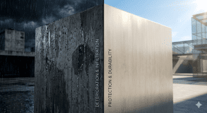 Visualisasi perbandingan dinding beton yang basah akibat air hujan dan dinding yang kering terlindungi sistem waterproofing.