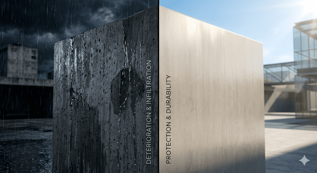 Visualisasi perbandingan dinding beton yang basah akibat air hujan dan dinding yang kering terlindungi sistem waterproofing.