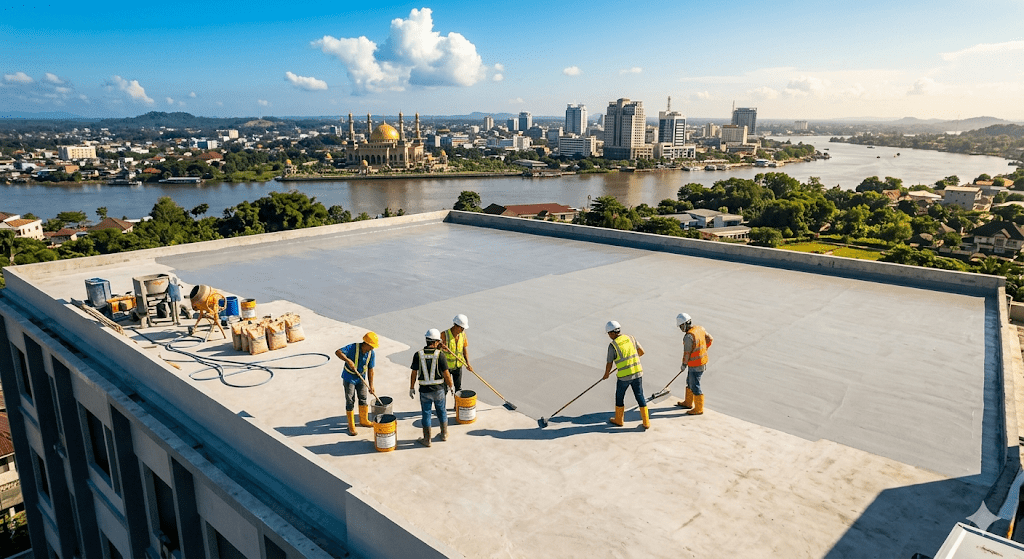 Tim aplikator spesialis sedang mengaplikasikan sistem waterproofing Sika pada atap gedung di Samarinda.