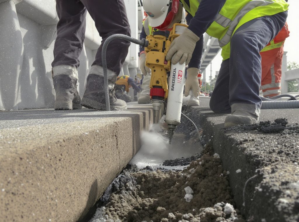 workers in safety vests and helmets, using a large sealant gun to carefully apply joint sealant into a prepared expansion joint on a toll road or bridge
