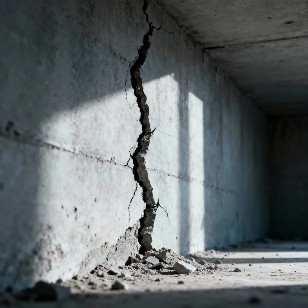 Panduan Lengkap Klien Mempertimbangkan Jasa Injeksi Beton Kapan Diperlukan, Perbedaan Retak, dan Penentuan Biaya 6 significant structural crack running diagonally down a concrete wall or beam, clearly showing the damage