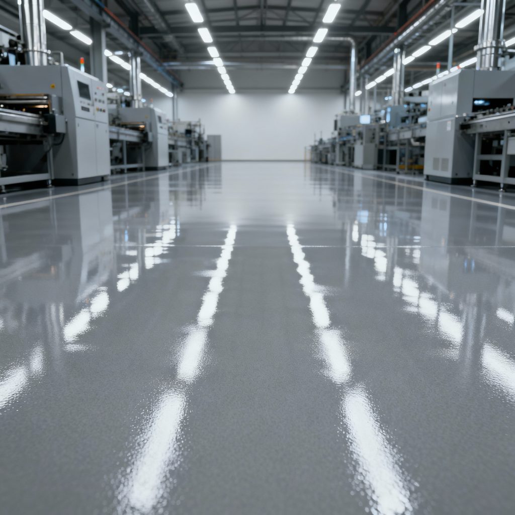 finished high-gloss grey epoxy floor in a clean, modern factory or warehouse, showing perfect light reflections