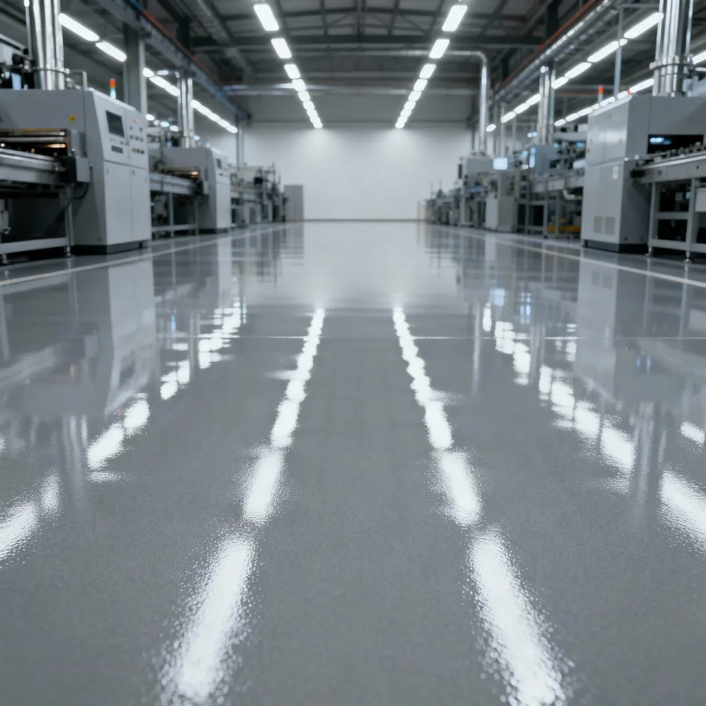 Kapan Menggunakan Grouting Lantai? Solusi Struktural untuk Rongga Bawah Beton 1 finished high-gloss grey epoxy floor in a clean, modern factory or warehouse, showing perfect light reflections