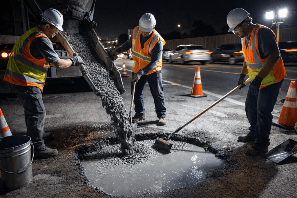 Tim konstruksi melakukan perbaikan jalan tol malam hari menggunakan material tambal beton cepat kering yang siap dilalui dalam 3 jam.