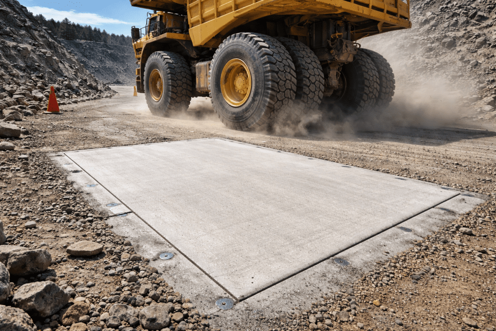 Material Tambal Jalan Beton Cepat Kering: Solusi Infrastruktur Tanpa Macet 1 Truk tambang melewati jalan beton yang baru diperbaiki dengan material fast setting tanpa menunggu waktu curing lama.