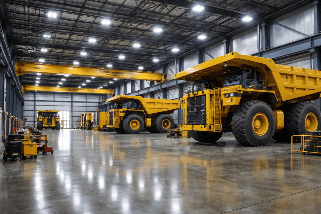 Area workshop alat berat dengan lantai beton berkekuatan tinggi yang dilapisi epoxy heavy duty.