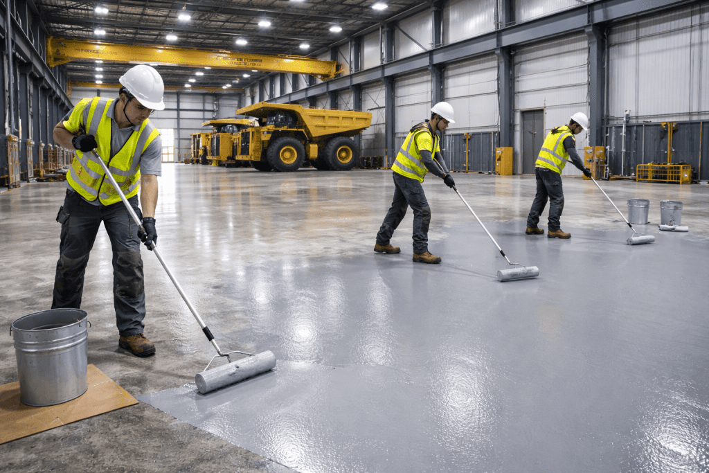 Kontraktor mengaplikasikan lapisan epoxy coating tahan kimia pada lantai bengkel perawatan mesin.