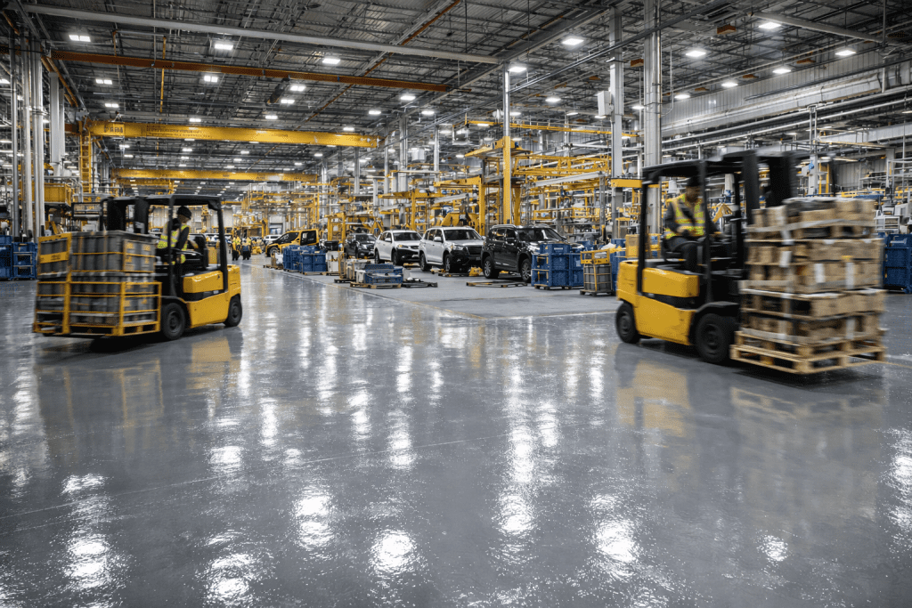 Aplikasi epoxy heavy duty pada lantai pabrik otomotif yang tahan lintasan forklift dan beban mesin berat.