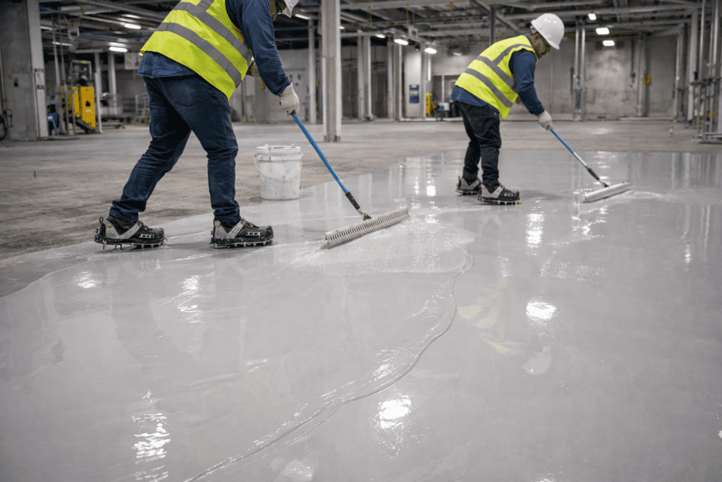 Construction workers in safety gear applying self-leveling epoxy resin on a concrete floor using rakes and spiked shoes, wet glossy surface, industrial setting.