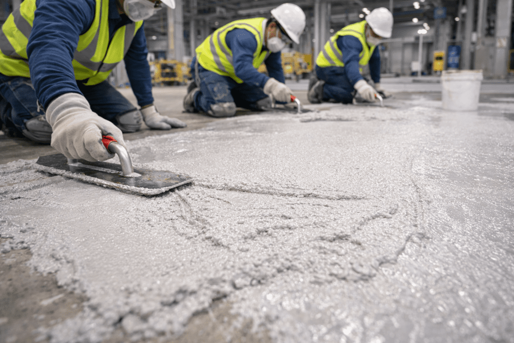 Pekerja konstruksi mengaplikasikan epoxy mortar tebal pada lantai gudang untuk ketahanan beban berat.