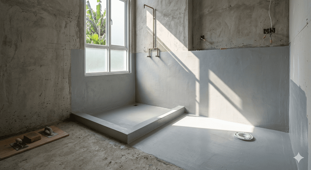 Area lantai dan dinding bawah kamar mandi beton yang telah dilapisi waterproofing grey (SikaTop Seal 107) sebelum pemasangan keramik, menunjukkan permukaan yang halus dan sudut-sudut tajam yang presisi.