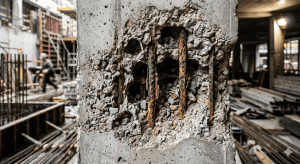 Tampilan beton keropos atau honeycombing yang memperlihatkan rongga udara dan besi tulangan yang mulai berkarat pada struktur industri.