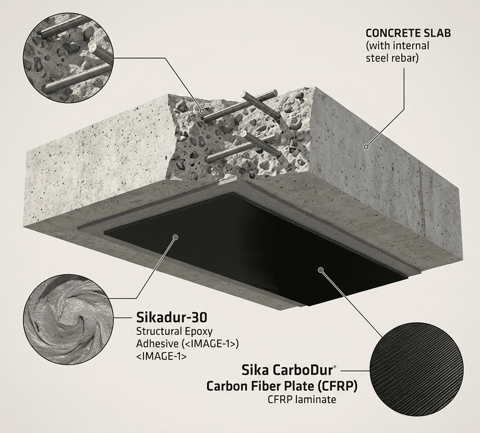Sika CarboDur: Solusi Perkuatan Struktur Beton Tanpa Beban Tambahan 1 Detail penampang pelat Sika CarboDur dan perekat epoksi Sikadur-30 yang menempel pada substrat beton.