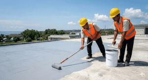 Tim aplikator melakukan aplikasi epoxy flooring pada fasilitas publik di wilayah Penajam.