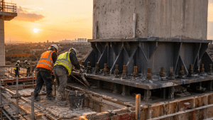 Proses penuangan material grouting mutu tinggi pada landasan pilar jembatan bentang panjang di kawasan IKN.
